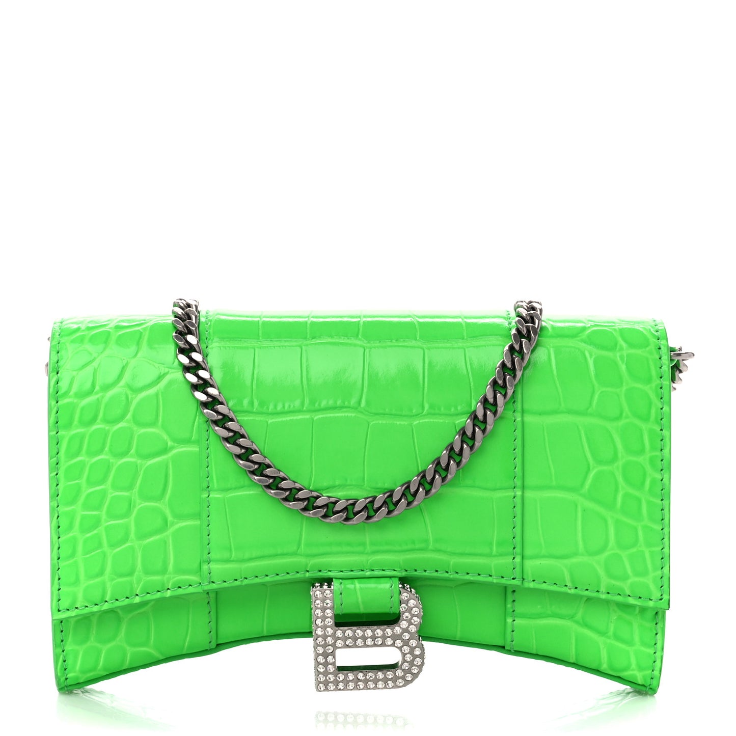 Shiny Calfskin Strass Crocodile Embossed Hourglass Chain Bag Fluo Green
