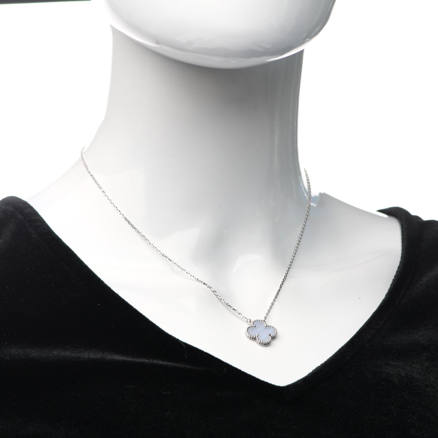 Van Cleef & Arpels 18K White Gold Chalcedony Vintage Alhambra Pendant Necklace 2 of 6