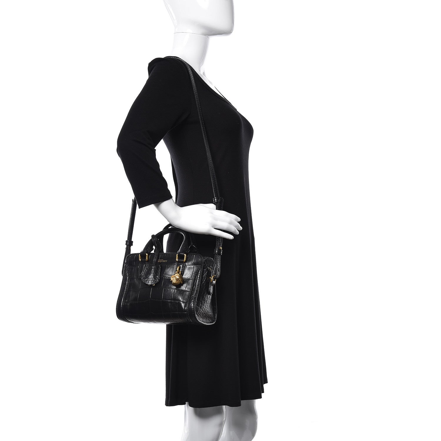 Alexander McQueen Calfskin Crocodile Embossed Mini Skull Padlock Zip Around Tote Black 2 of 13
