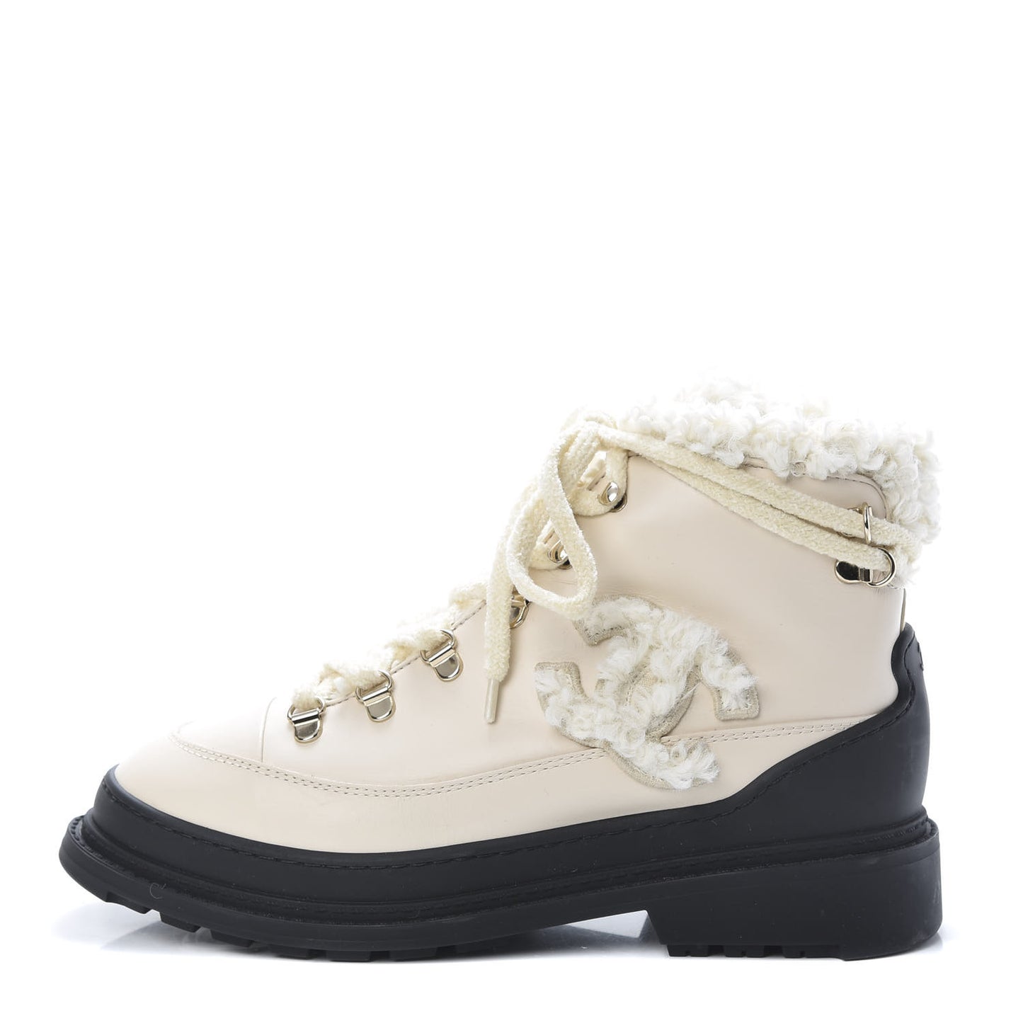 Calfskin Shearling CC Lace Up Boots 38 Light Beige Ivory