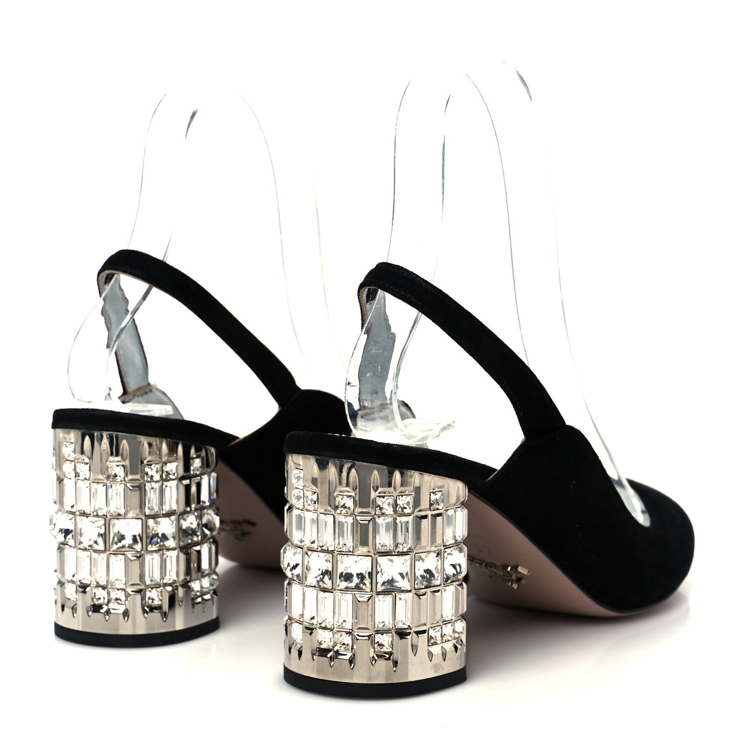 Prada Suede Crystal Block Heel Slingback Pump 37 Black 6 of 10