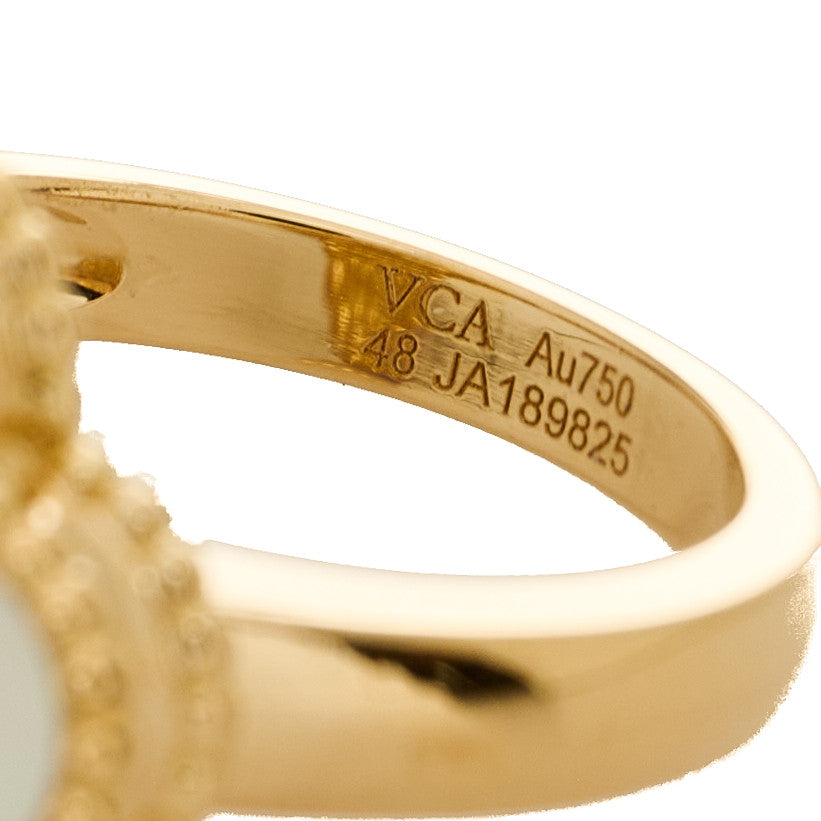 18K Yellow Gold Diamond Mother of Pearl Vintage Alhambra Ring 48 4.5