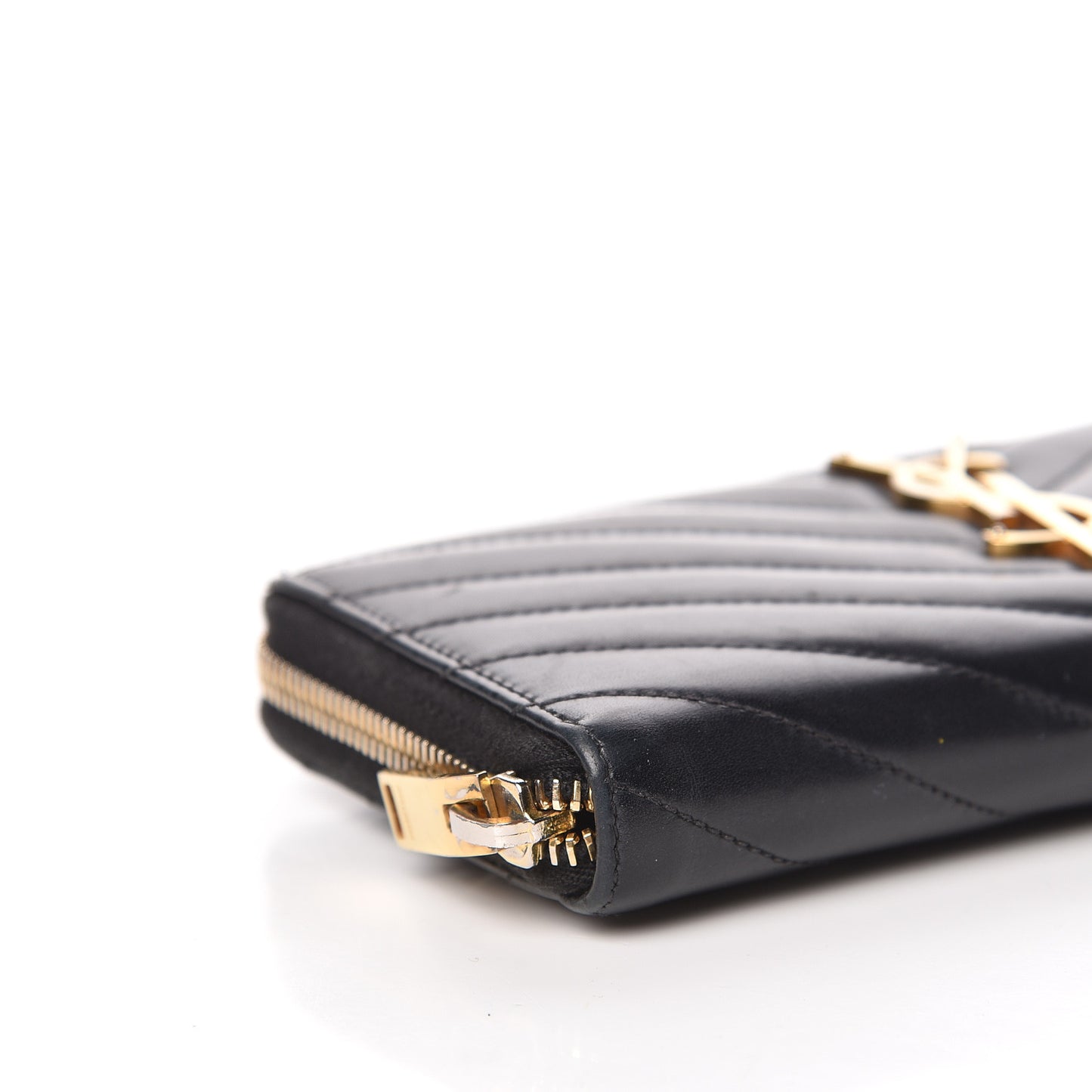 Calfskin Matelasse Chevron Monogram Zip Around Wallet Dark Navy Blue