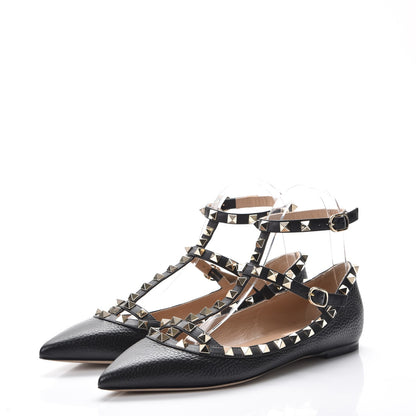 Valentino Garavani Pebbled Calfskin Rockstud Cage Ballerina Flats 37.5 Black 3 of 8