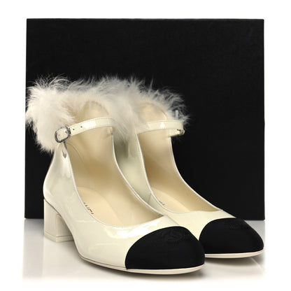 Chanel Patent Shearling Lambskin Grosgrain Cap Toe Mary Jane Low Heel Pumps 37.5 White Black 9 of 9