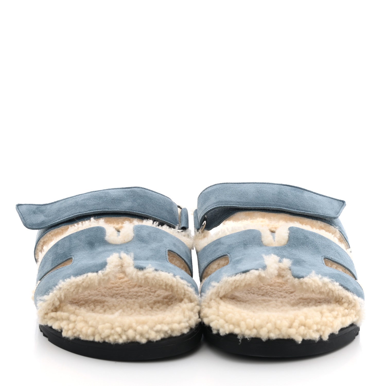 Hermes Suede Goatskin Woolskin Womens Chypre Sandals 40.5 Bleu Pinede Ecru 2 of 8