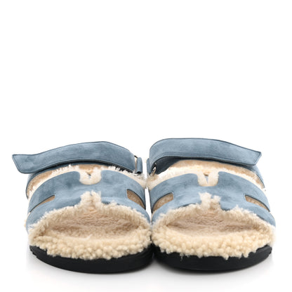 Hermes Suede Goatskin Woolskin Womens Chypre Sandals 40.5 Bleu Pinede Ecru 2 of 8