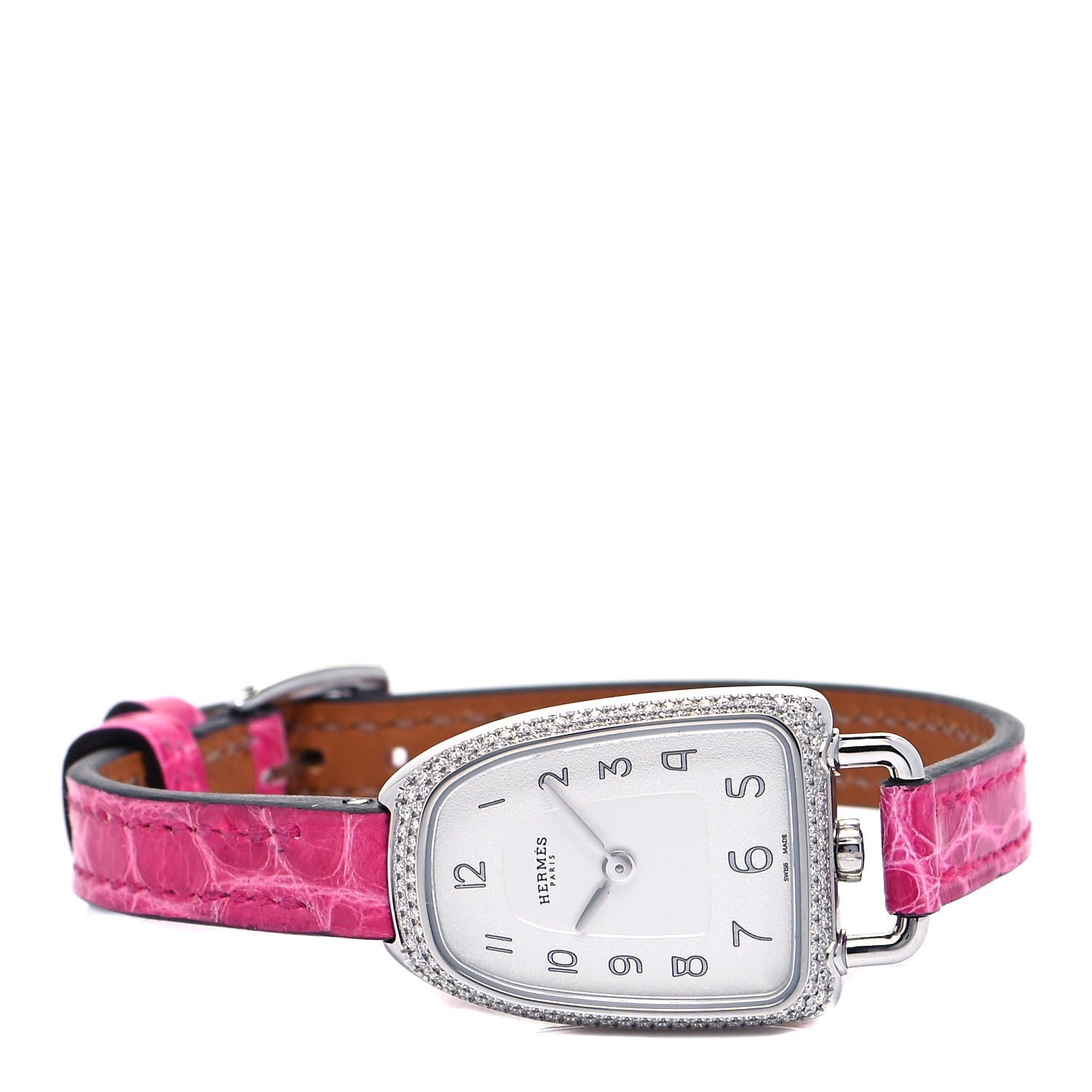 HERMES ⑅⃛ Hermes Stainless Steel Alligator Diamond Bezel 20mm Galop D'Hermes