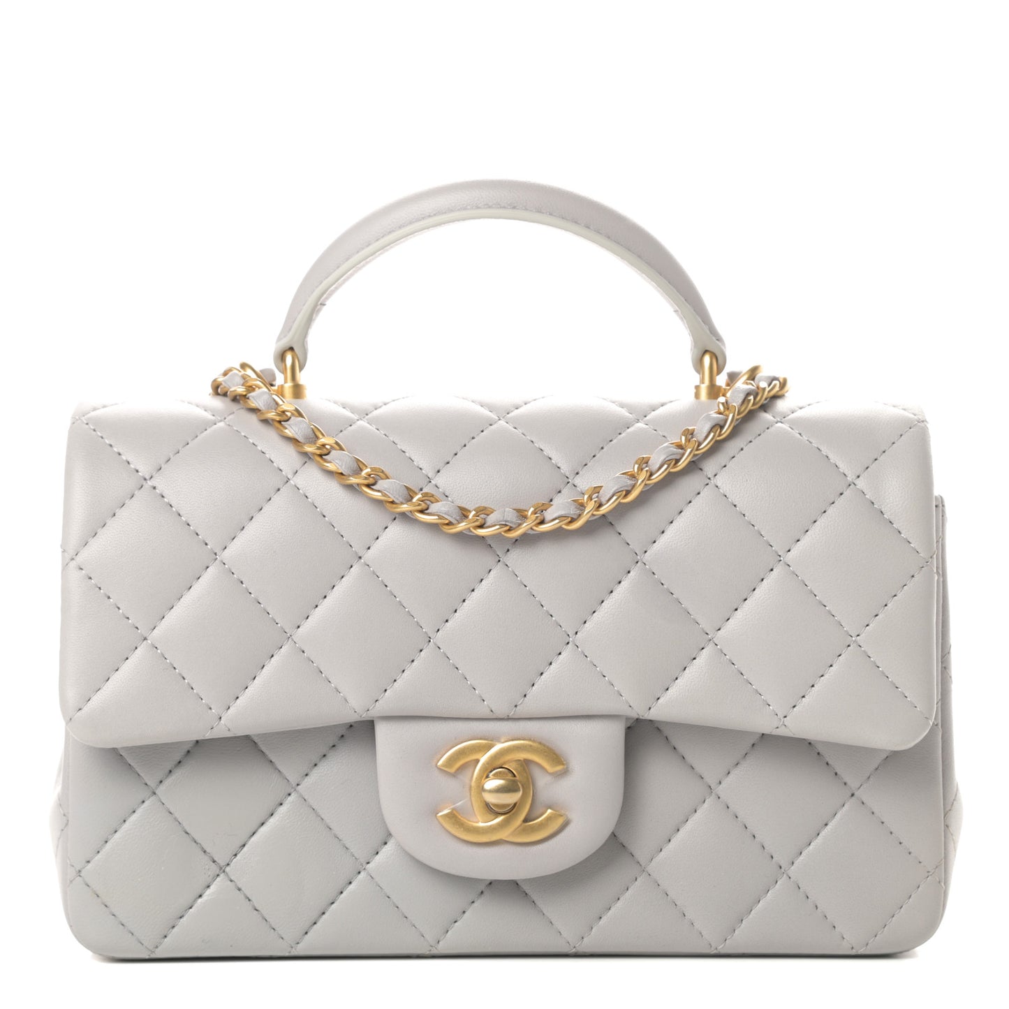 Lambskin Quilted Mini Top Handle Rectangular Flap Grey
