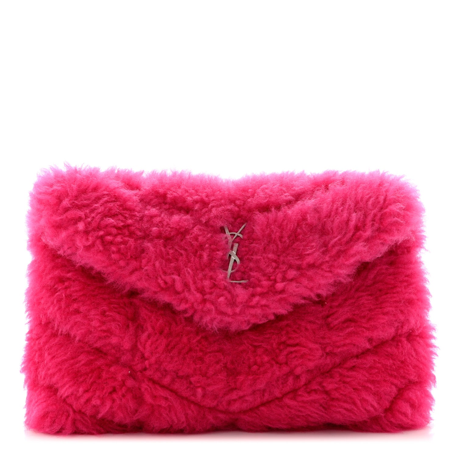 Saint Laurent Shearling Quilted Monogram Loulou Puffer Pouch Clutch Fuxia 2 of 8