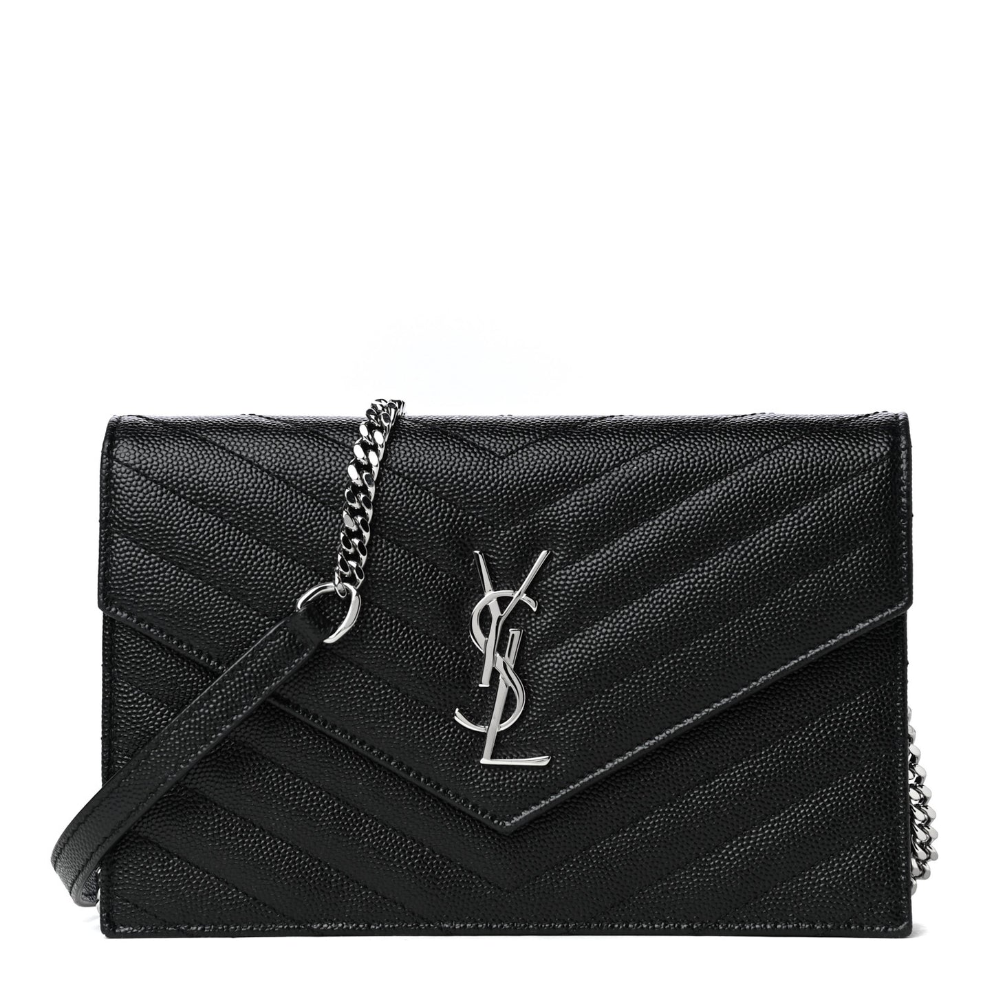 Grain De Poudre Matelasse Chevron Monogram Envelope Chain Wallet Black