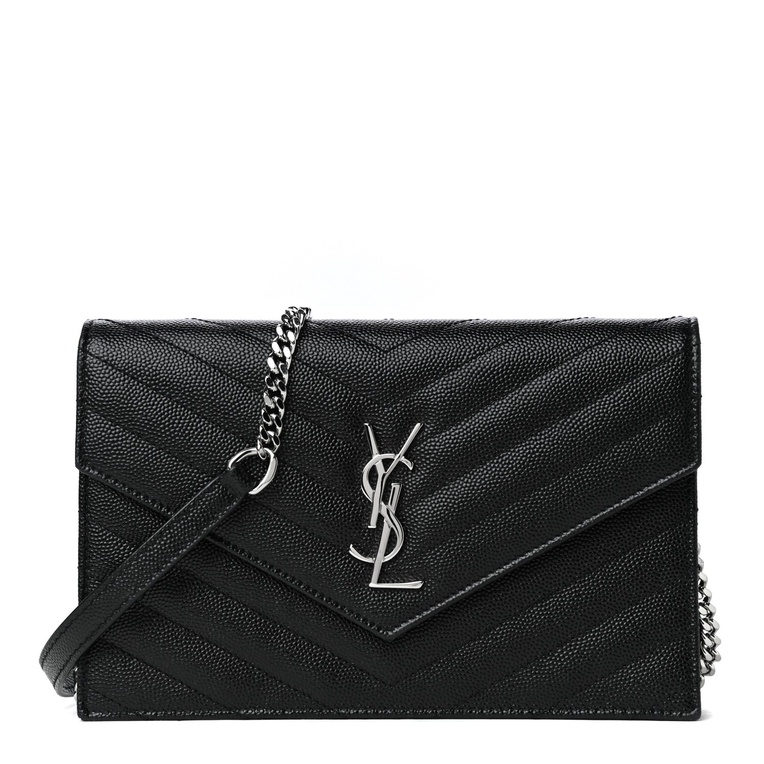 Saint Laurent Grain De Poudre Matelasse Chevron Monogram Envelope Chain Wallet Black 2 of 8