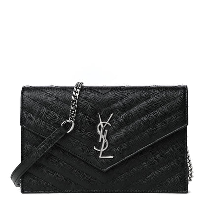 Saint Laurent Grain De Poudre Matelasse Chevron Monogram Envelope Chain Wallet Black 2 of 8