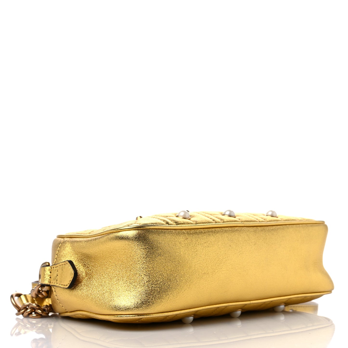 Metallic Calfskin Matelasse Studded Small Pearly GG Marmont Chain Shoulder Bag Gold