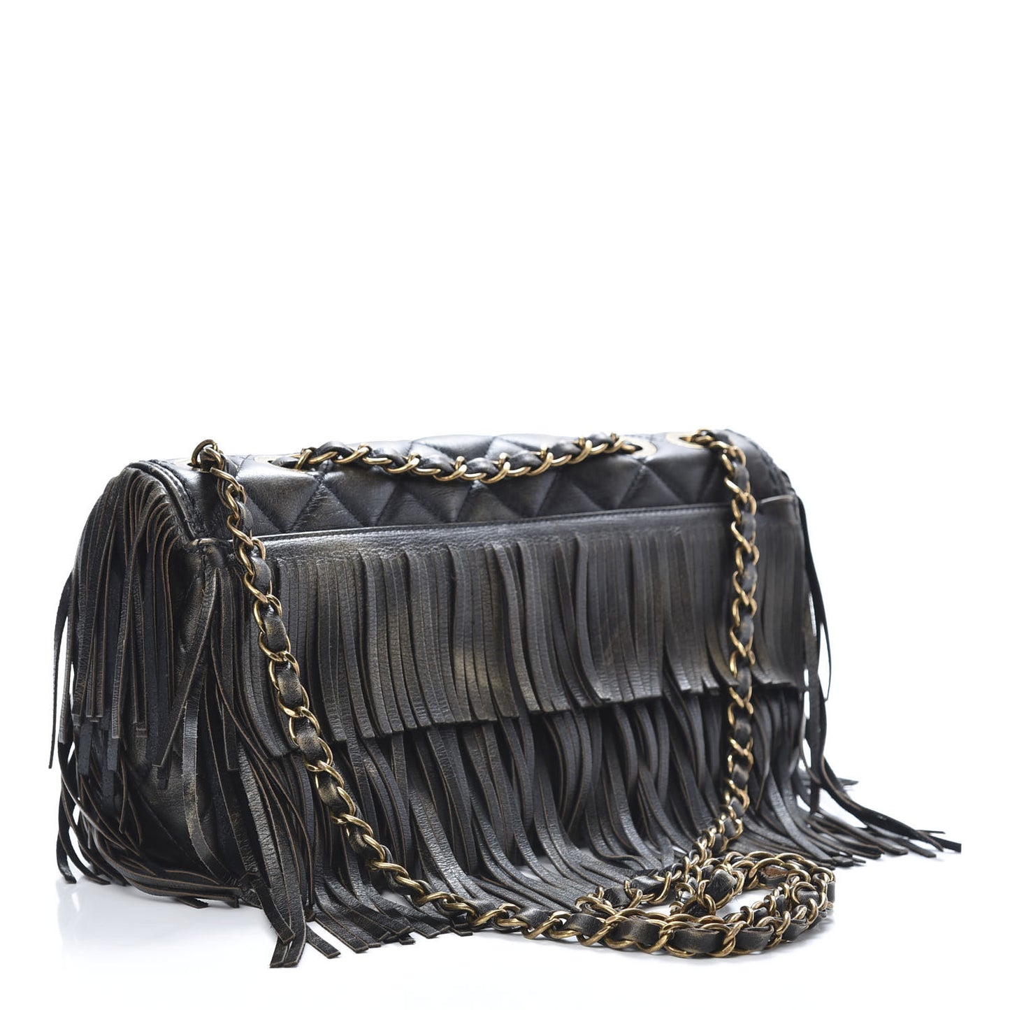 Metallic Calfskin Quilted Large Into The Fringe Flap Black