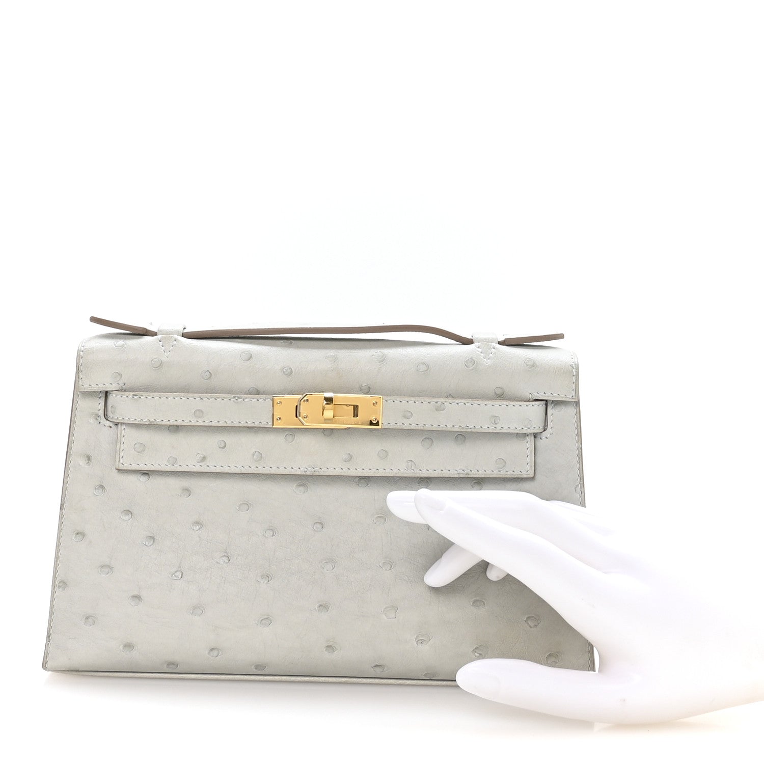 Hermes Ostrich Kelly Pochette Clutch Gris Perle 2 of 8