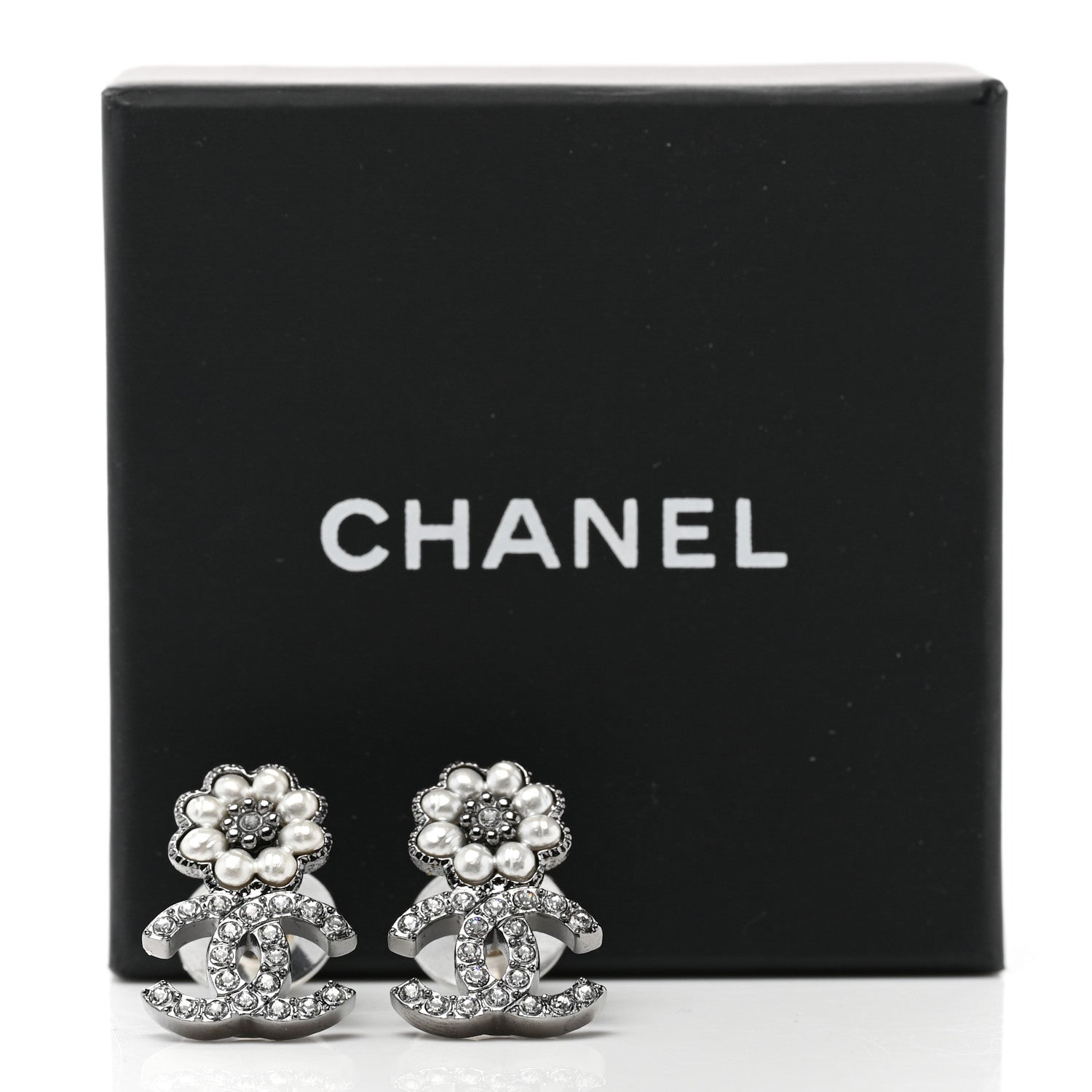 Chanel Crystal CC Pearl Flower Earrings Silver 5 of 5