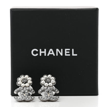 Chanel Crystal CC Pearl Flower Earrings Silver 5 of 5