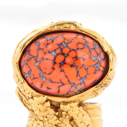 Saint Laurent Glass Cabochon Arty Ovale Ring 7 Gold Coral 5 of 5