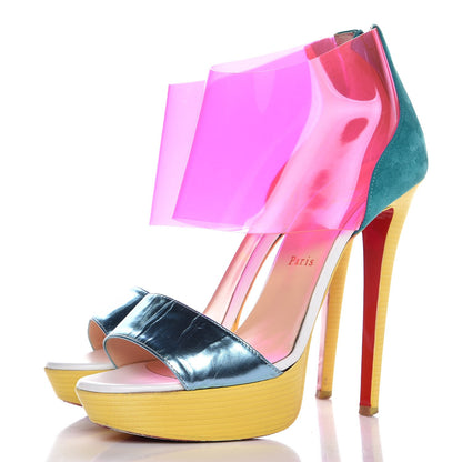 Christian Louboutin Suede PVC Dufoura 140 Platform Sandals 39.5 Rose Paris 3 of 11