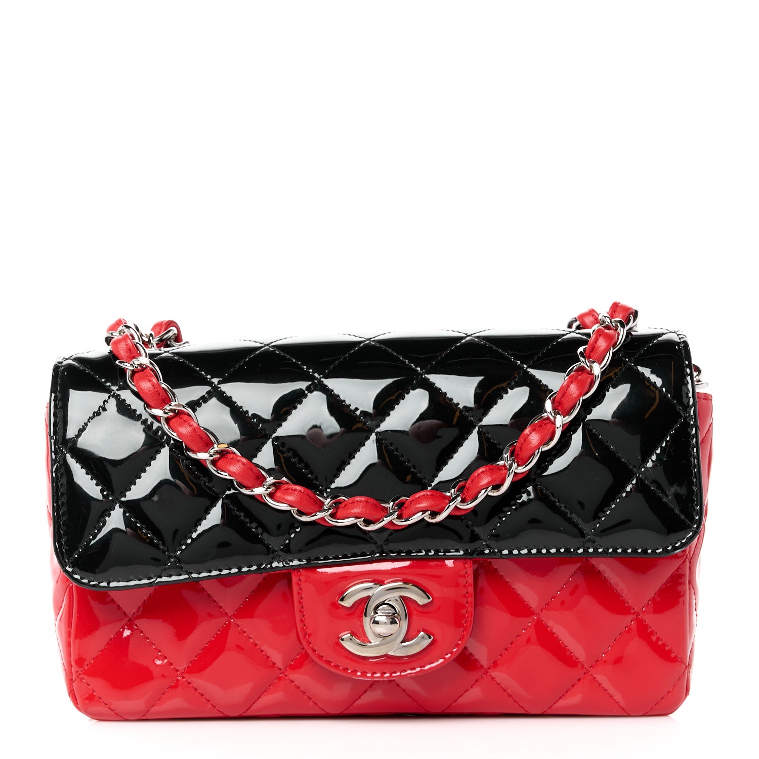 Chanel Patent Calfskin Quilted Bi-Color Mini Rectangular Flap Red Black 1 of 11