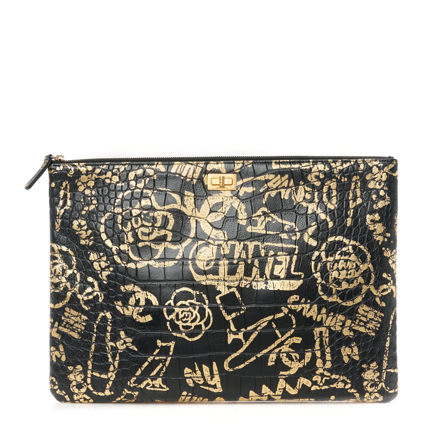 Calfskin Crocodile Embossed Graffiti 2.55 Medium Cocodile Reissue Cosmetic Case Black Gold