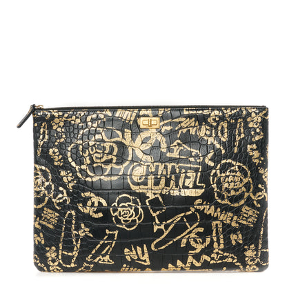 Chanel Calfskin Crocodile Embossed Graffiti 2.55 Medium Cocodile Reissue Cosmetic Case Black Gold 1 of 9