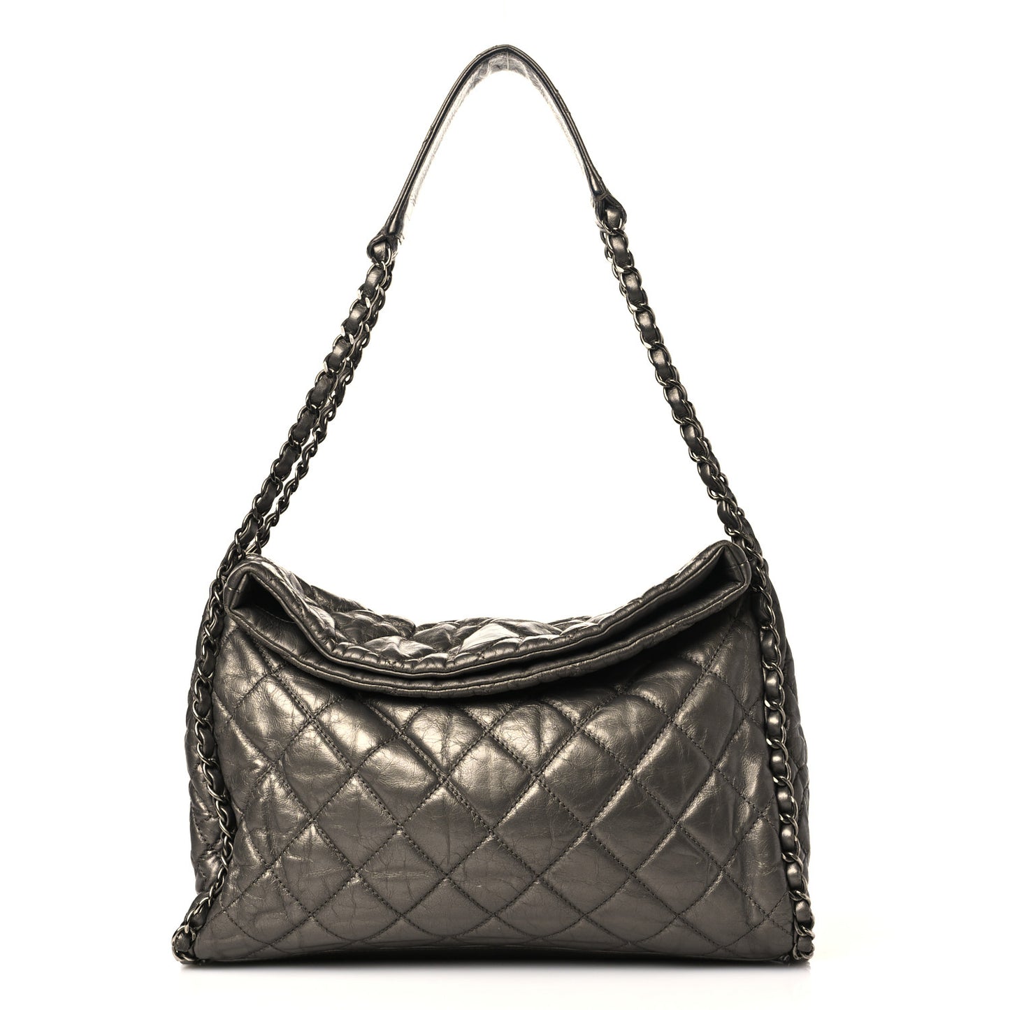 Metallic Calfskin Quilted Medium Chain Me Hobo Dark Silver