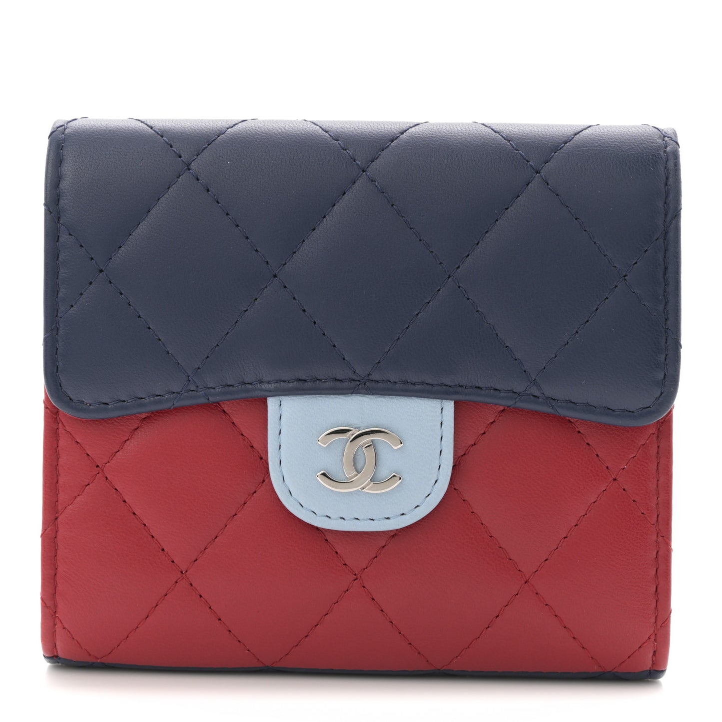 Lambskin Quilted Tri-Color Compact Flap Wallet Navy Blue Red
