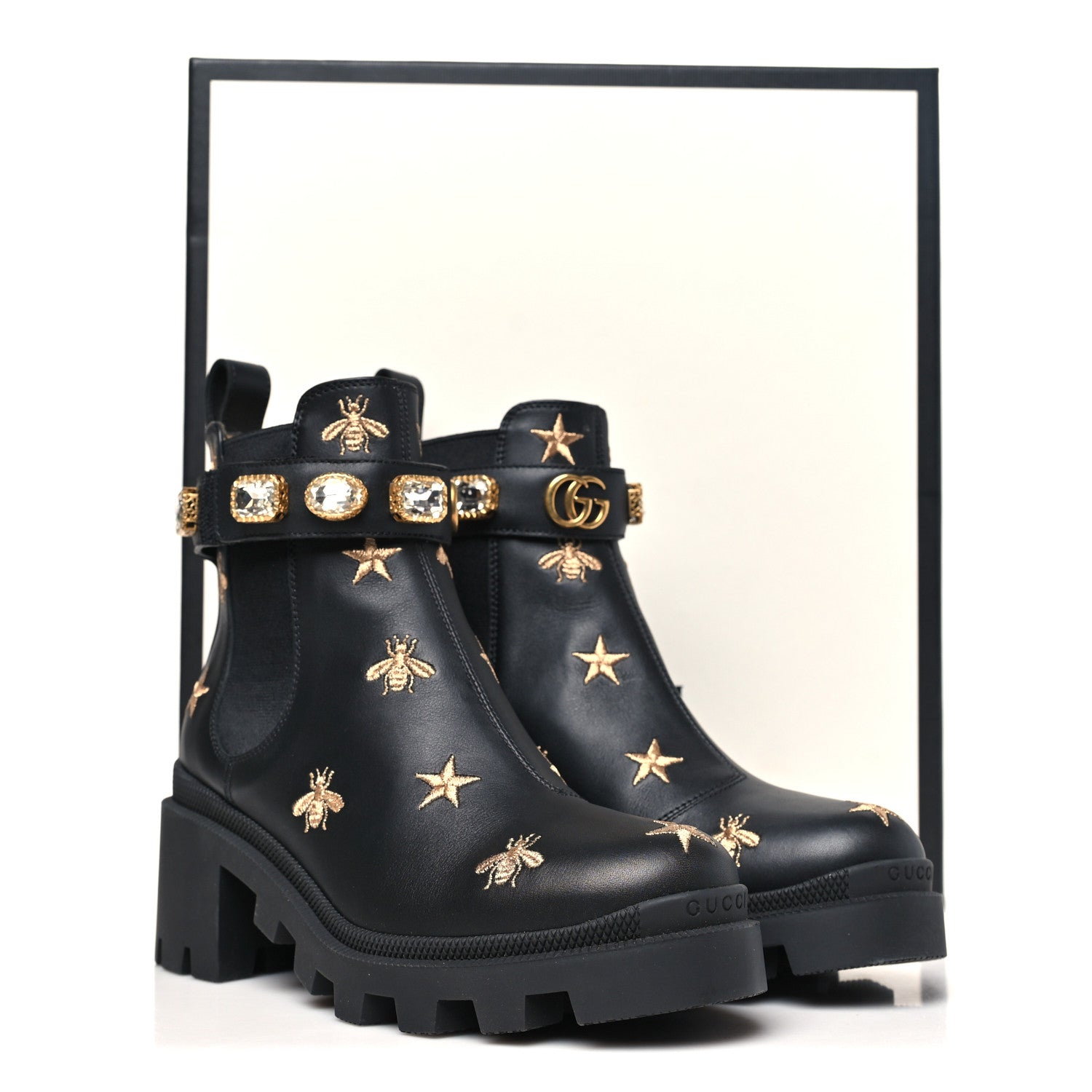 Gucci Calfskin Bee Star Embroidered Belt Ankle Boots 36.5 Black 10 of 10