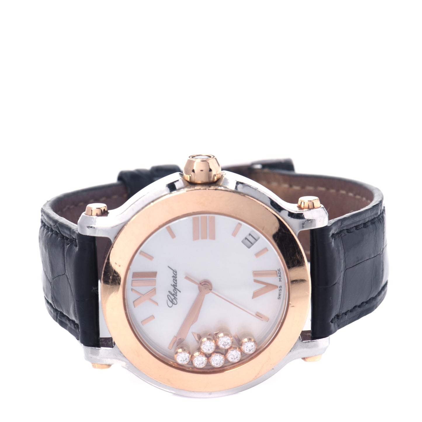 Stainless Steel 18K Rose Gold Alligator 7 Diamond 36mm Happy Sport Quartz Watch