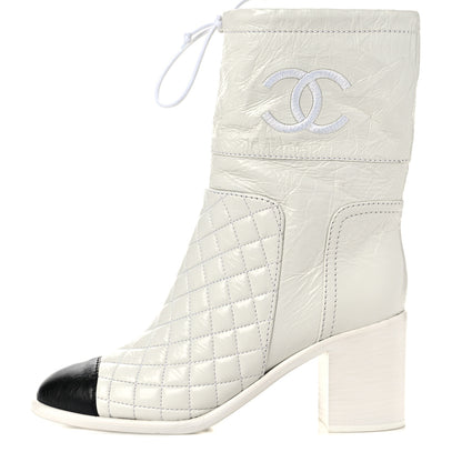 Chanel Crumpled Calfskin Quilted Cap Toe Short Boots 37.5 White Black 1 of 14