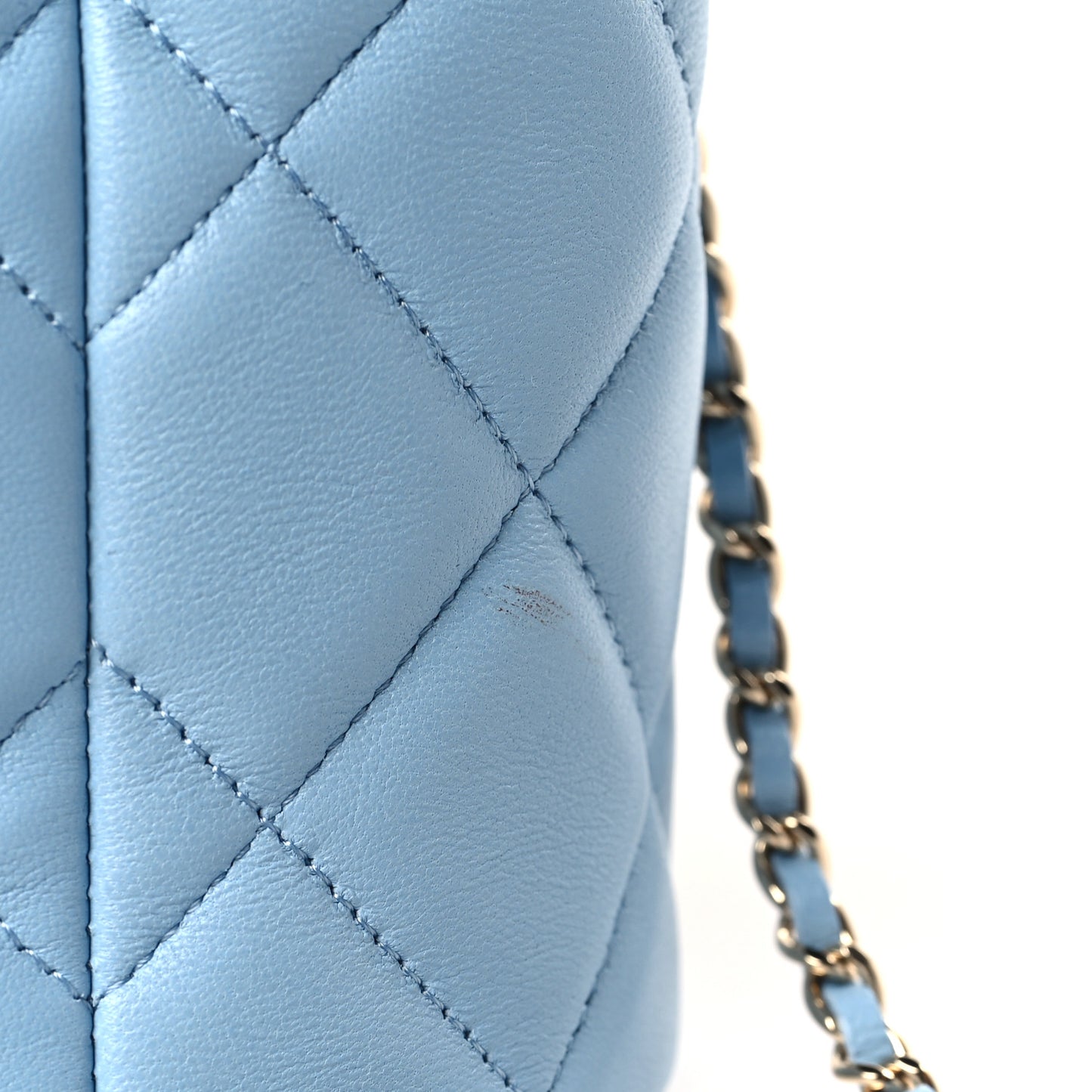 Lambskin Quilted Mini Drawstring Bucket Bag With Chain Light Blue