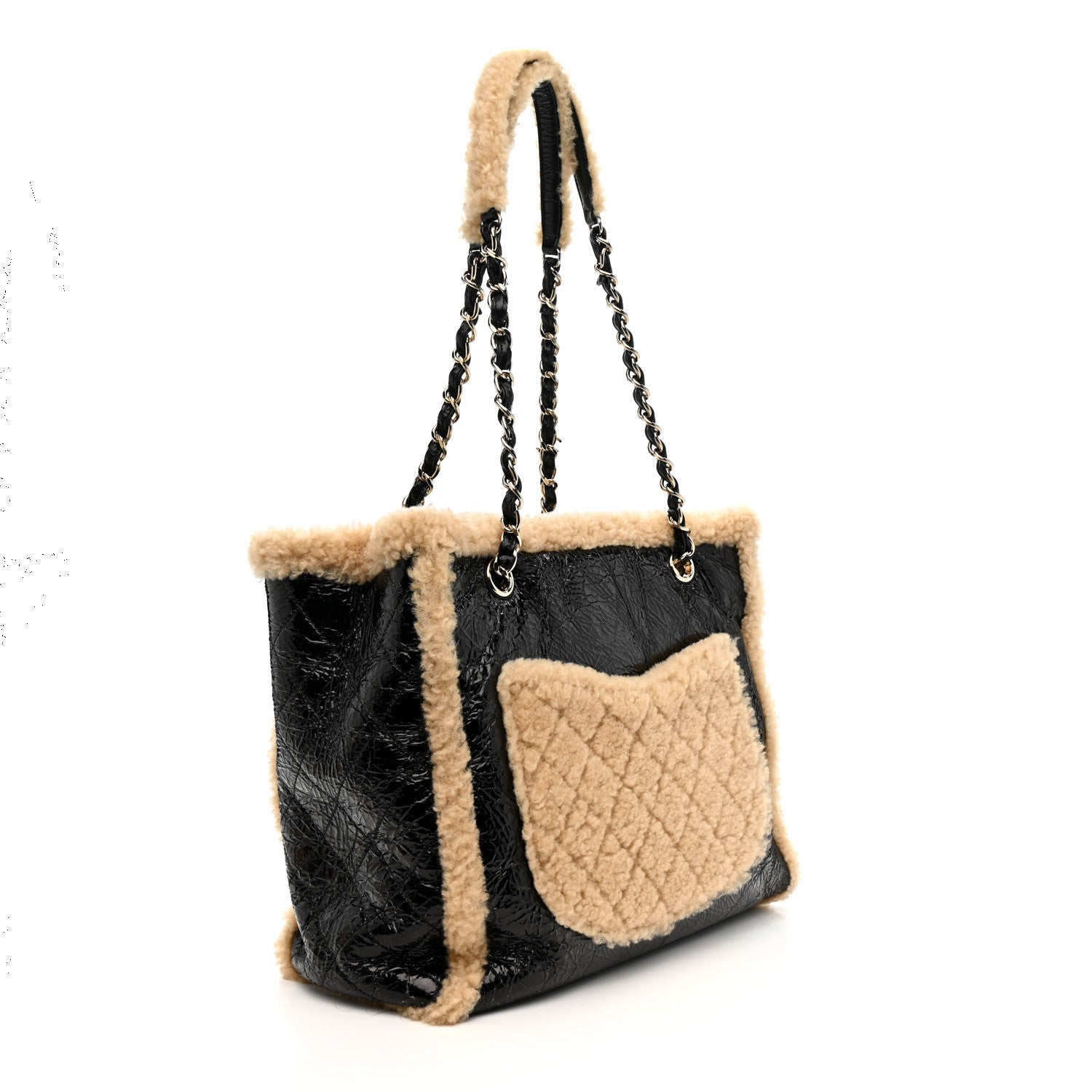 Chanel Shiny Crumpled Sheepskin Shearling CC Mania Tote Bag Black Beige 3 of 11