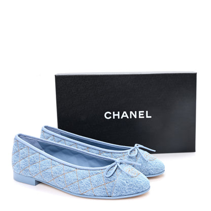 Chanel Denim Quilted Cap Toe CC Ballerina Flats 39 Light Blue 10 of 10