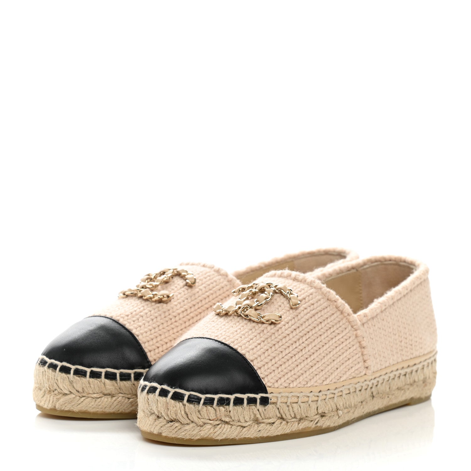 Chanel Knitted Wool Lambskin Chain CC Espadrilles 38 Beige Black 3 of 10