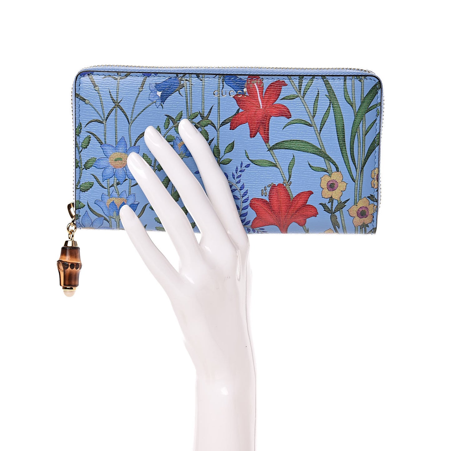 Calfskin New Flora Bamboo Zip Around Long Wallet Azure
