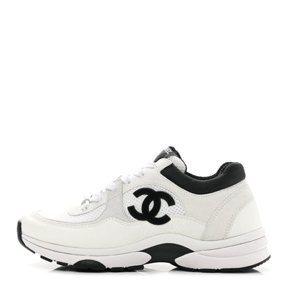 Chanel Mesh Suede Calfskin Grained Calfskin Womens CC Sneakers 37 White Black 1 of 7