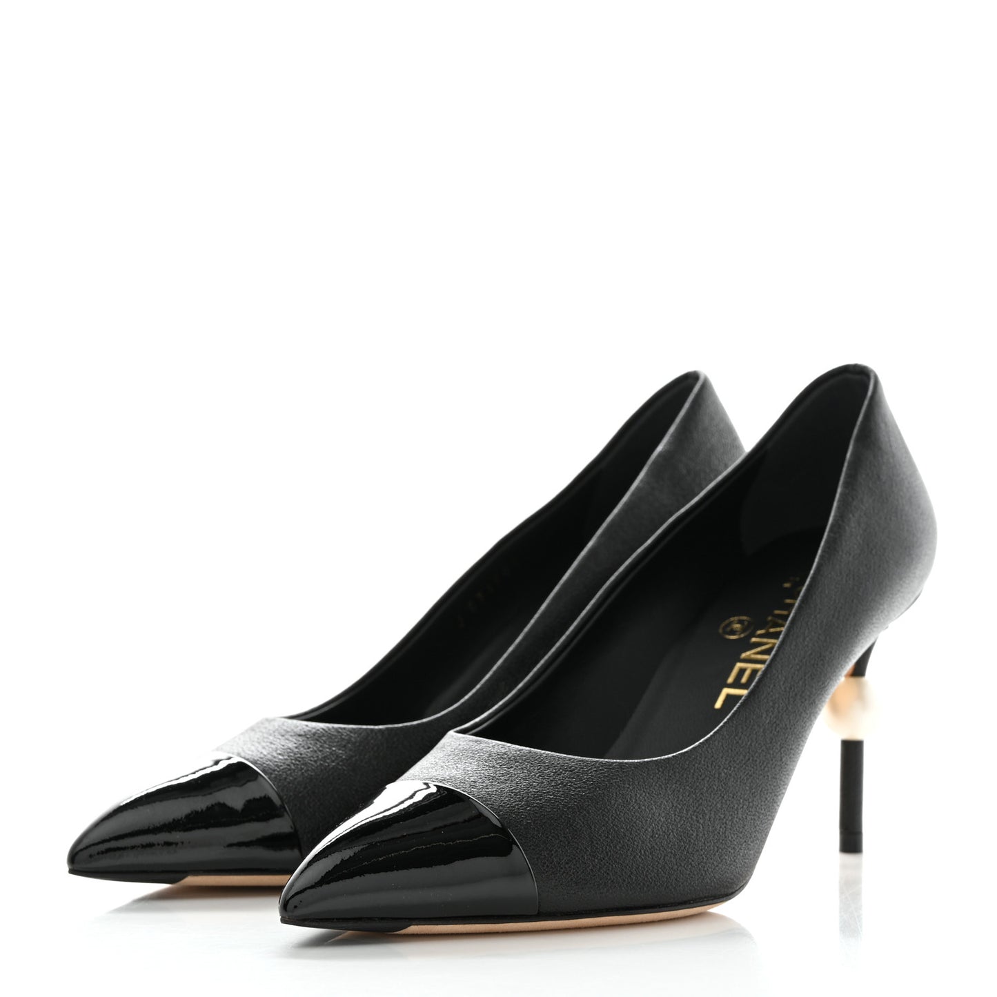Goatskin Patent Calfskin Cap Toe CC Pearl Pumps 36.5 Black