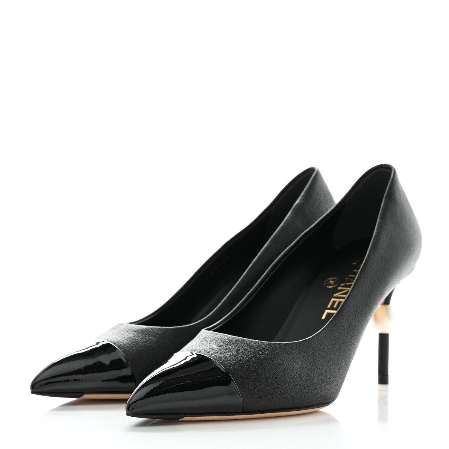 Chanel Goatskin Patent Calfskin Cap Toe CC Pearl Pumps 36.5 Black 3 of 10