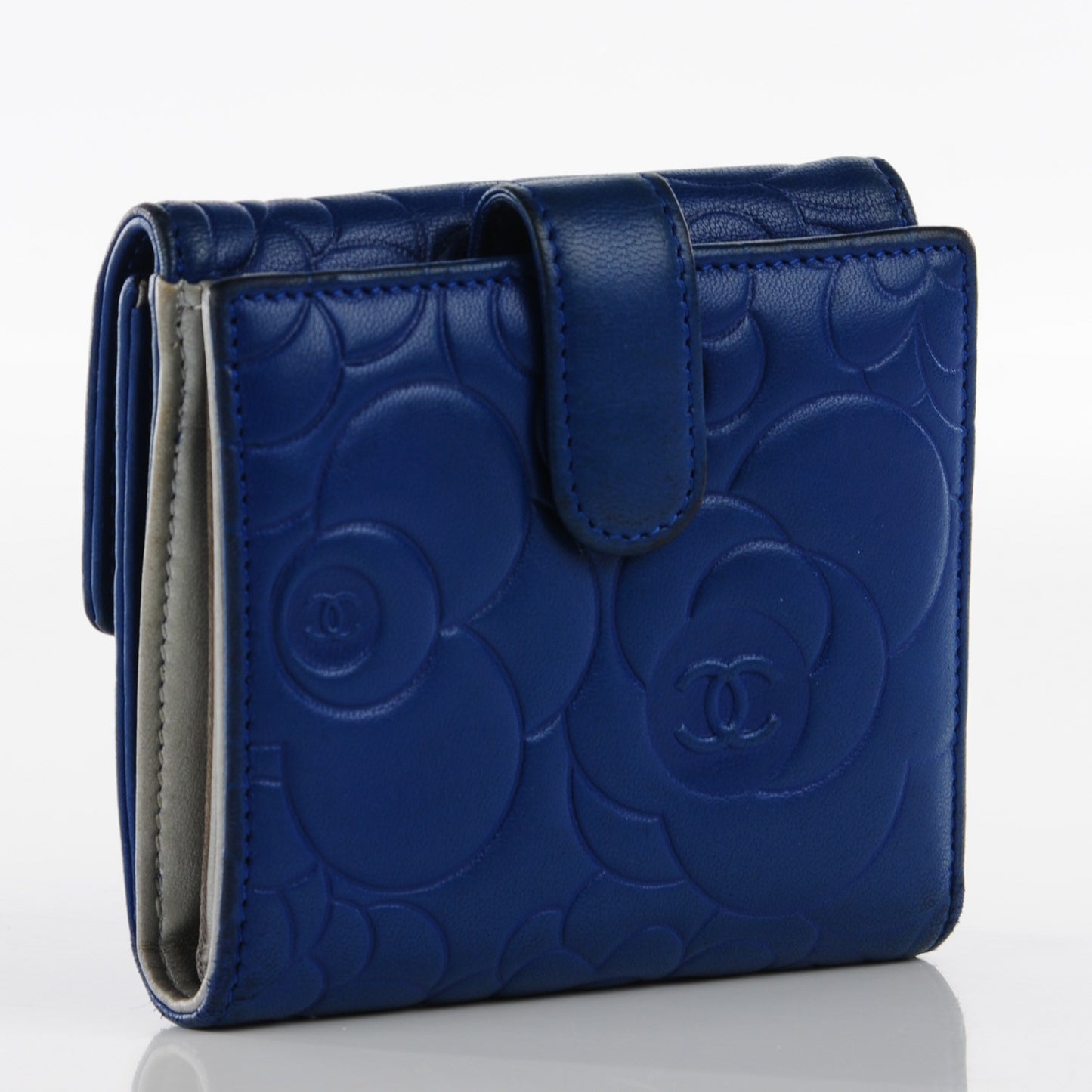 Lambskin Camellia Embossed French Wallet Blue