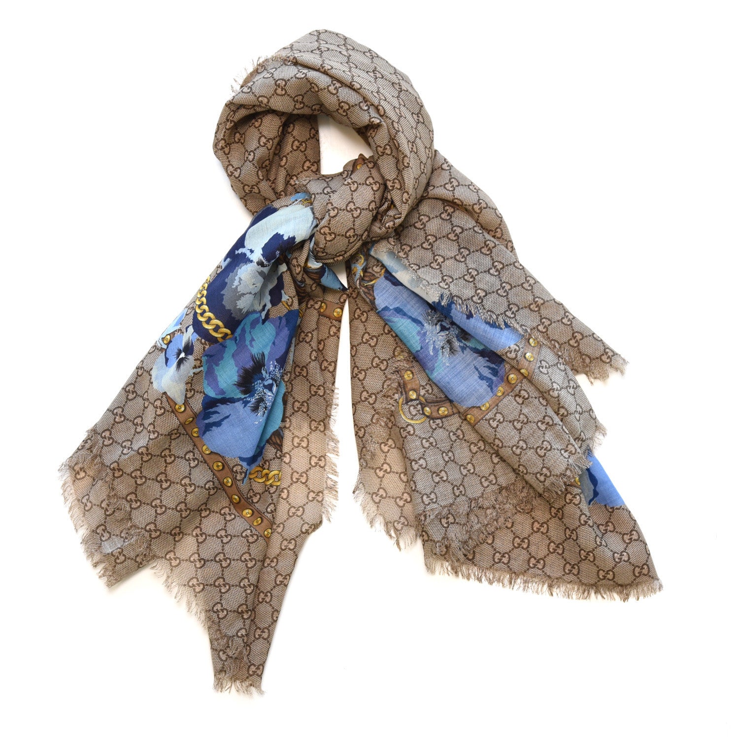 Gucci Wool Jacquard GG Monogram Big Panshie Fringe Shawl Sapphire Beige 1 of 6