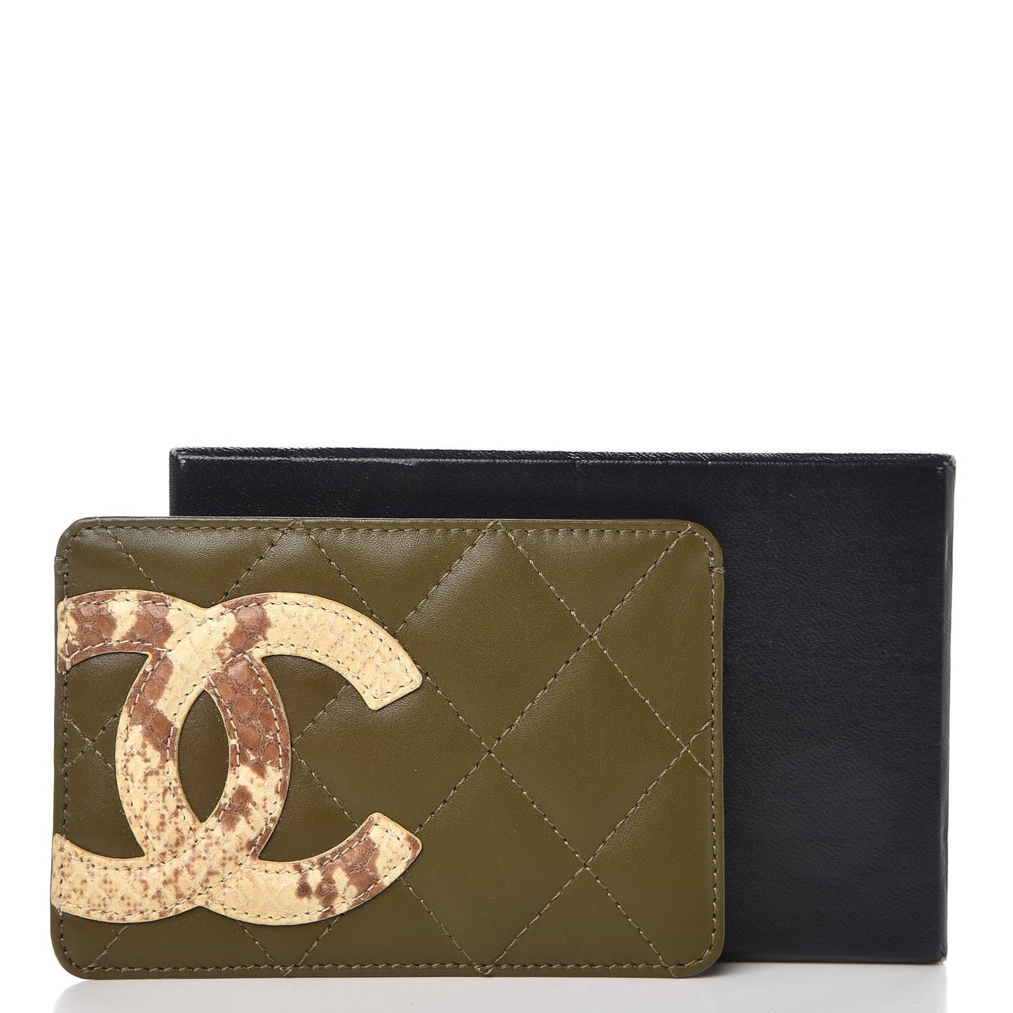 Calfskin Python Quilted Cambon Card Holder Khaki