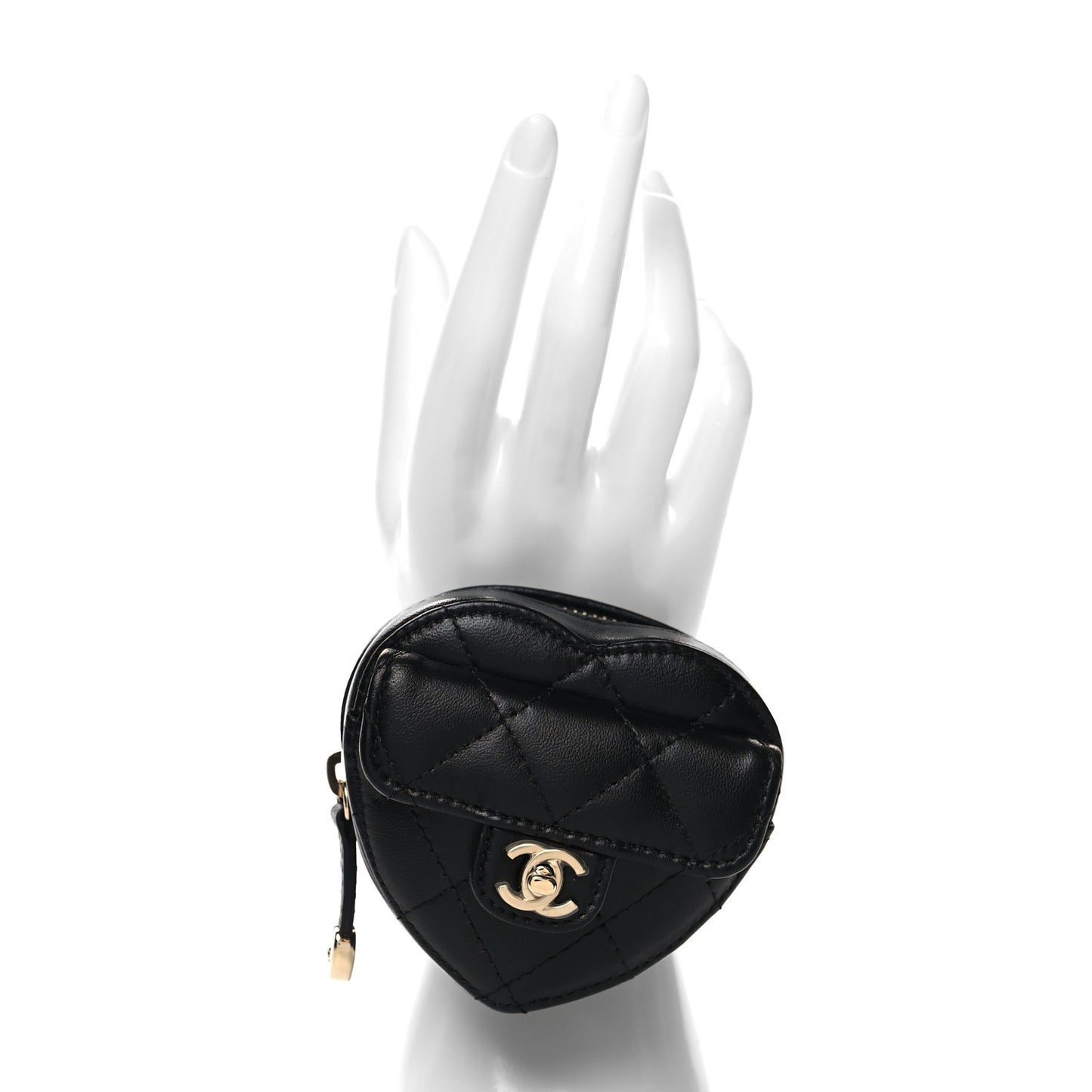 Lambskin Quilted CC In Love Heart Zipped Arm Coin Purse Black