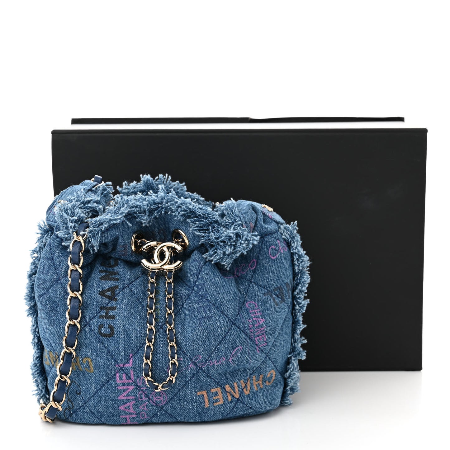 Denim Quilted Small Mood Bucket With Chain Blue Multicolor