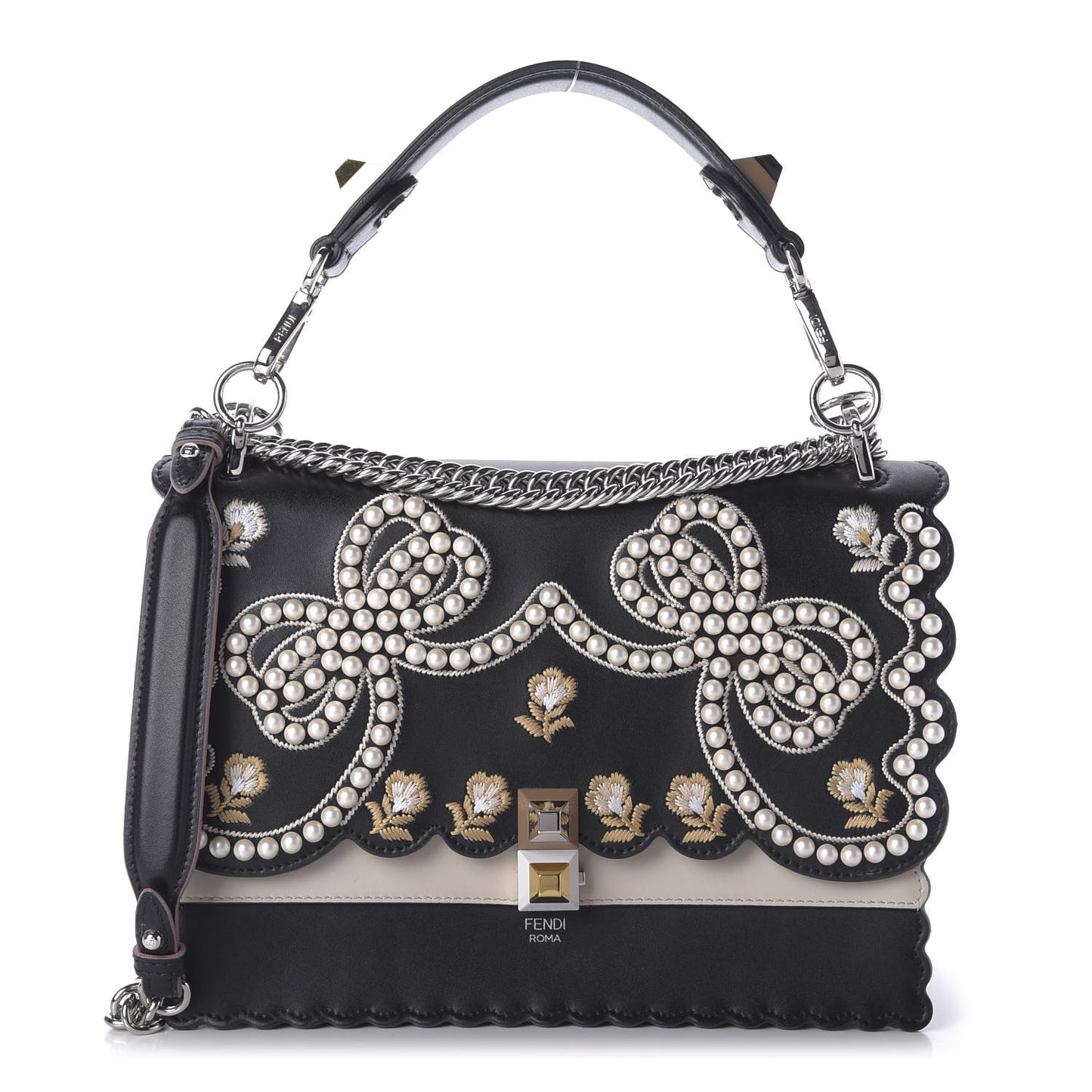 Vitello Liberty Pearl Bi-Color Flowers and Bows Scalloped Studded Kan I Shoulder Bag Black Camelia
