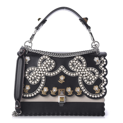 Fendi Vitello Liberty Pearl Bi-Color Flowers and Bows Scalloped Studded Kan I Shoulder Bag Black Camelia 1 of 10