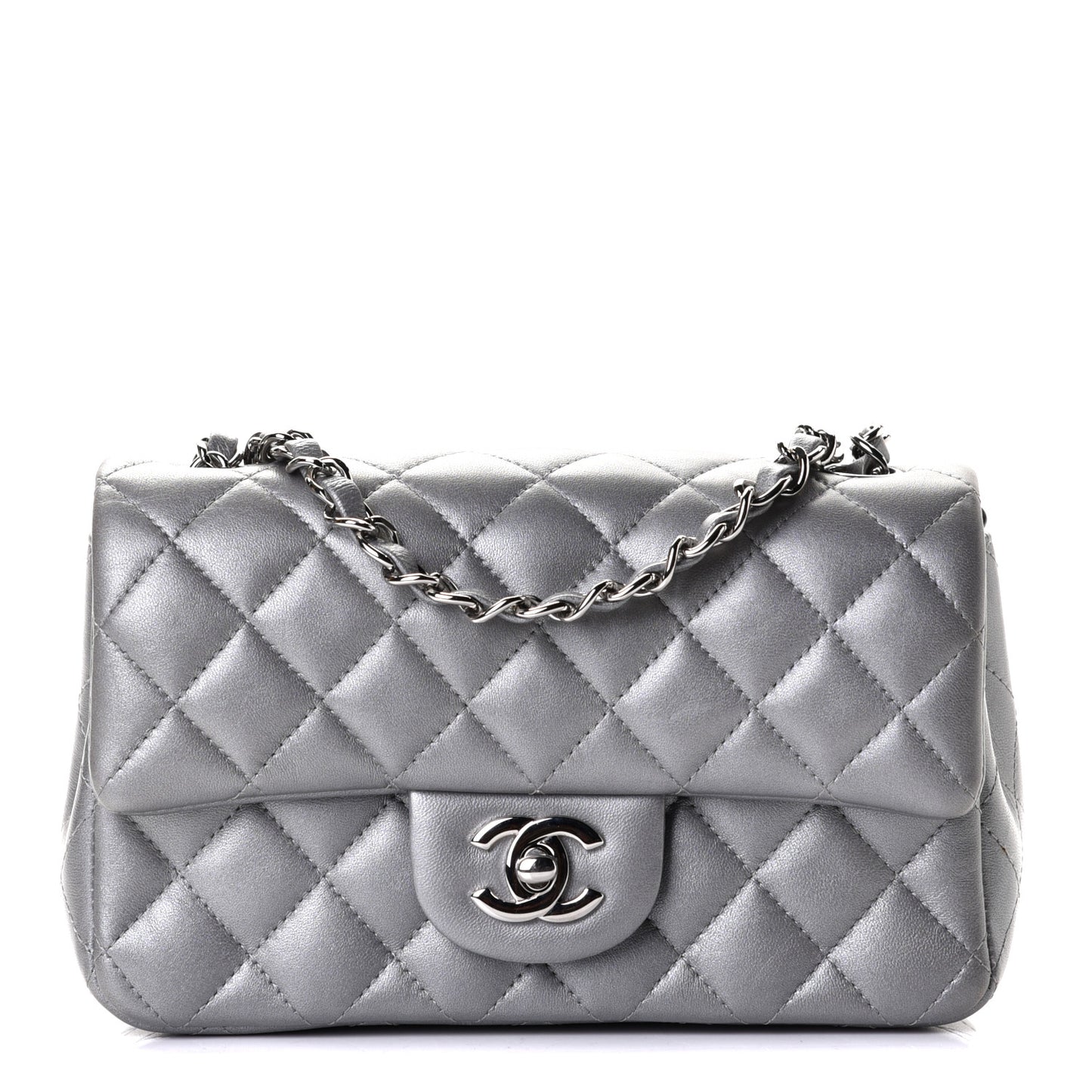 Metallic Lambskin Quilted Mini Rectangular Flap Silver