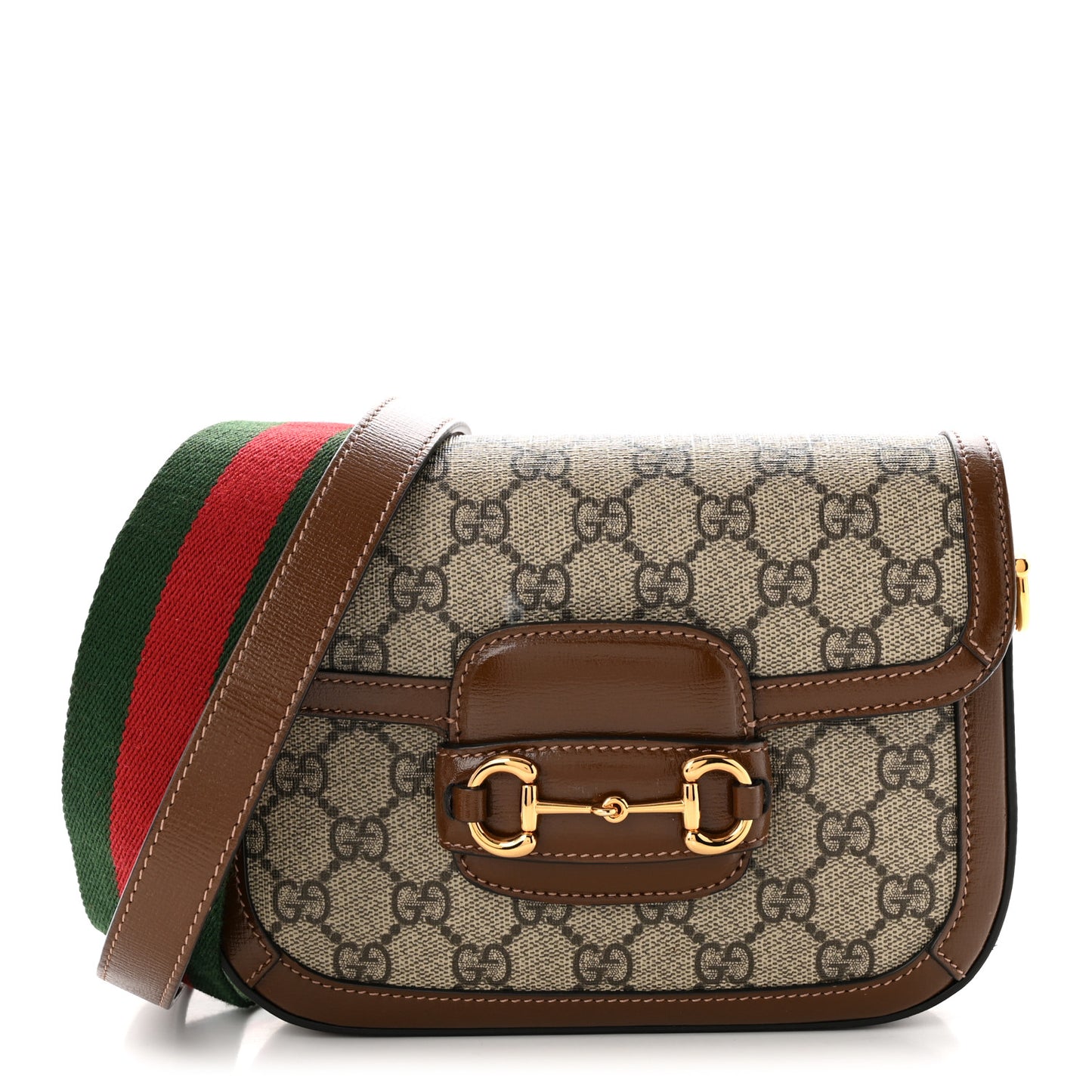 GG Supreme Monogram Azalea Calfskin Web Mini Horsebit 1955 Shoulder Bag Beige Ebony Brown Sugar