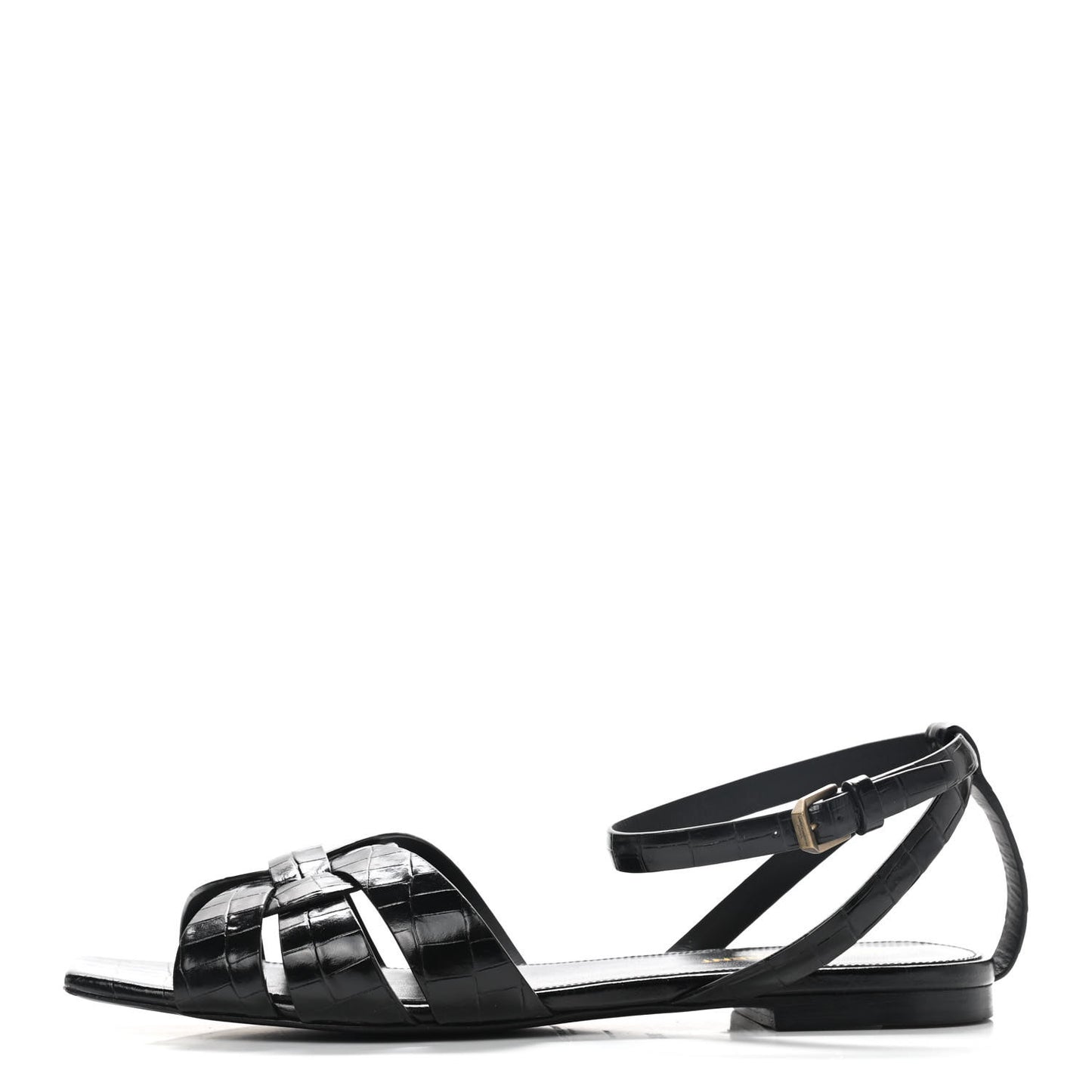 Calfskin Crocodile Embossed Tribute 05 Ankle Strap Sandals 39.5 Black